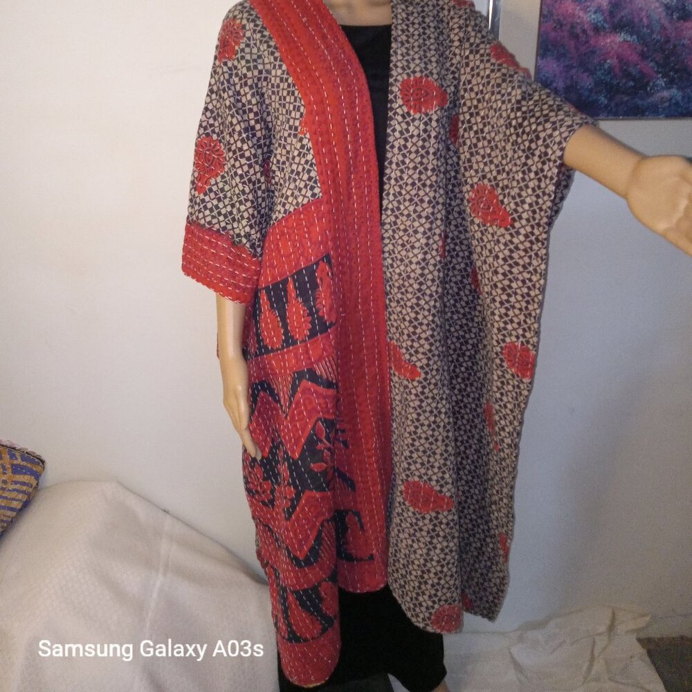 Kantha Long Ruana Wrap/Cloak "Adventurer" OS Black Red Reversible Versitle KR1.